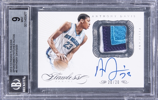 2012-13 Panini Flawless "Spokesmen Patch Autographs" Silver #5 Anthony Davis Signed Patch Rookie Card (#20/20) - BGS MINT 9/BGS 10